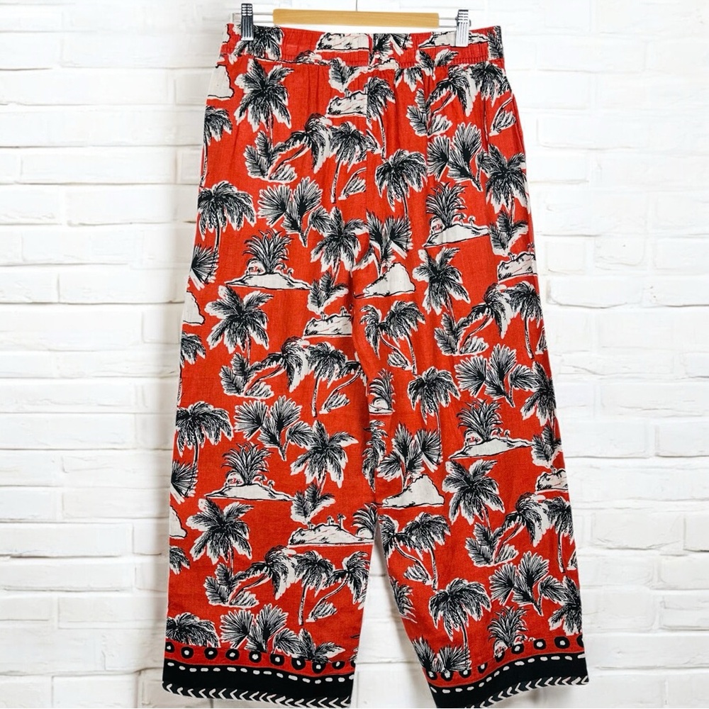 Tahari Flax Linen Palm Print High Rise Pull On Flowy Lightweight Palazzo Pants M